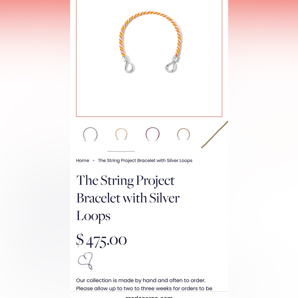 Marla Aaron String Project Bracelet with Silver Loops Creamsicle 6 in.